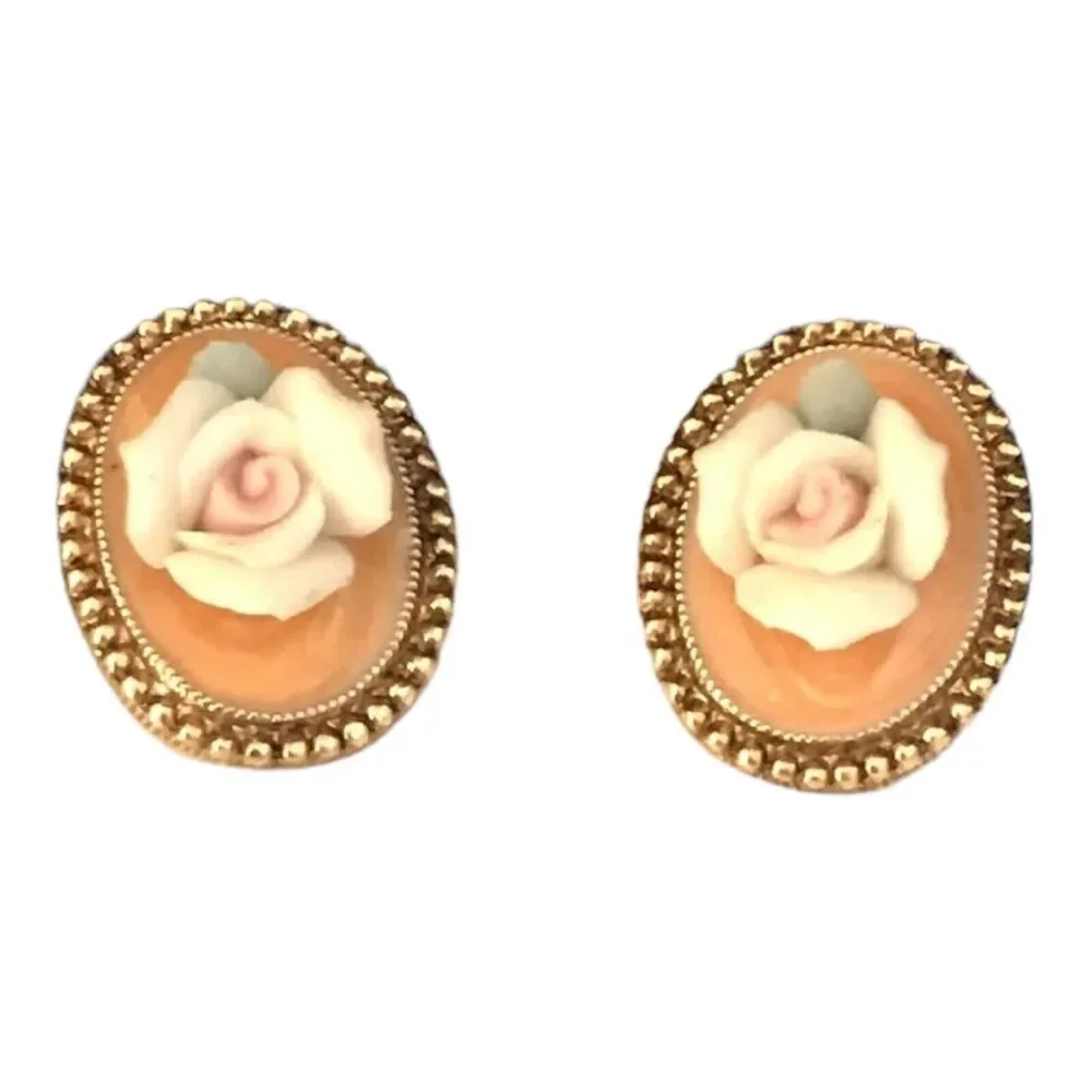 Vintage 1980s Floral Brooch Earrings Set Ceramic Rose Gold Tone - 8C